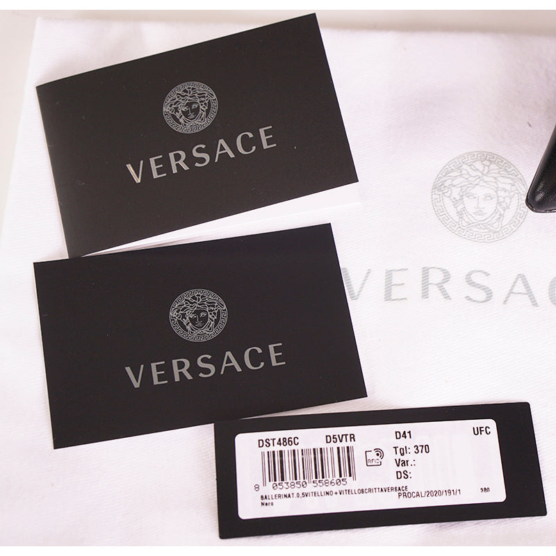 38 NEW $695 VERSACE Black Leather TICKER TAPE LOGO Pointed Toe BALLET FLATS