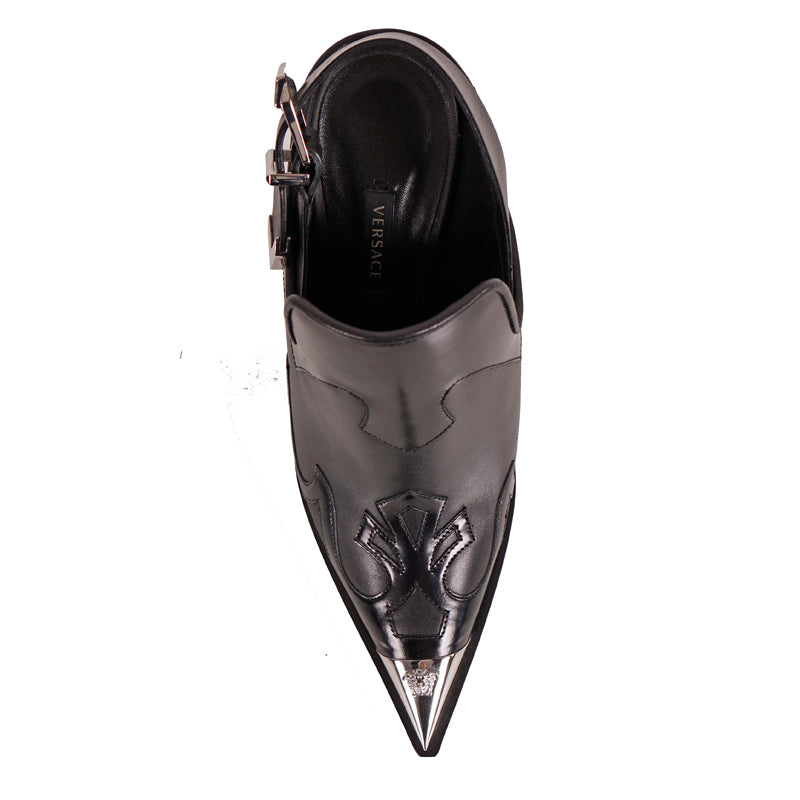 37 NEW $1,396 VERSACE RUNWAY Black Leather Western V COWBOY SLINGBACK HEELS Pump