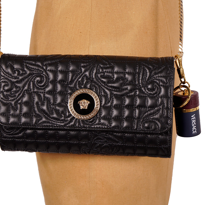 NEW $825 VERSACE Red Navy Gold Tone Metal MEDUSA LOGO Bag Fob BATTERY KEYRING
