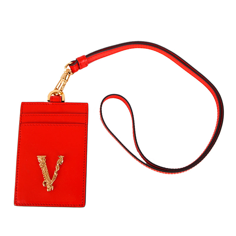 NEW $375 VERSACE Red Leather GOLD BAROCCO V LOGO VIRTUS Lanyard ID CARD CASE