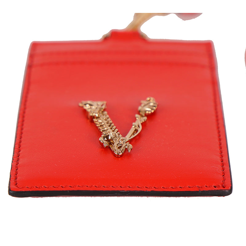 NEW $375 VERSACE Red Leather GOLD BAROCCO V LOGO VIRTUS Lanyard ID CARD CASE