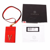 NEW $375 VERSACE Red Leather GOLD BAROCCO V LOGO VIRTUS Lanyard ID CARD CASE