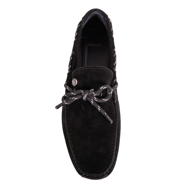 NEW $825 VERSACE Black Suede MEDUSA LOGO Driver CHAIN REACTION LOAFERS