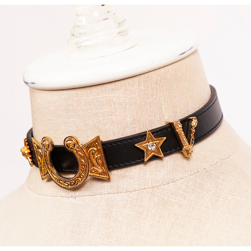 NEW $650 VERSACE RUNWAY Black Leather WESTERN HORSESHOE Wrap BRACELET or CHOKER