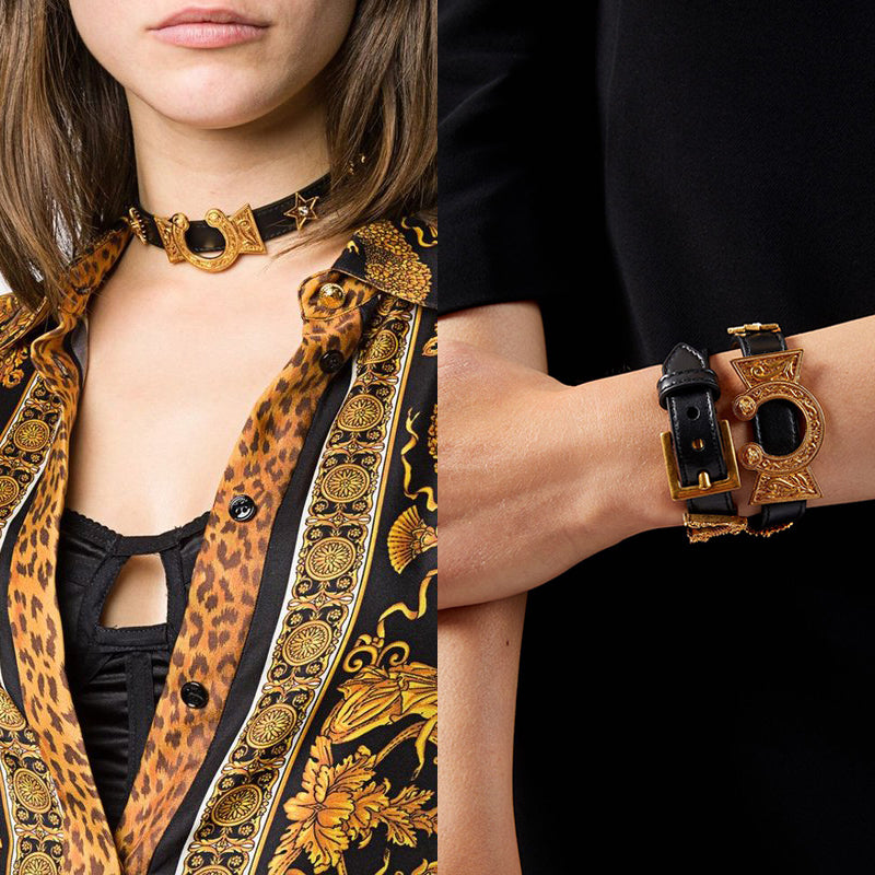 NEW $650 VERSACE RUNWAY Black Leather WESTERN HORSESHOE Wrap BRACELET or CHOKER