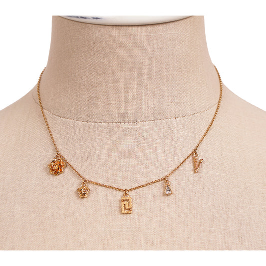 NEW $625 VERSACE Tribute Gold Brass MICRO CHARM Logo MEDUSA, GRECA & V NECKLACE