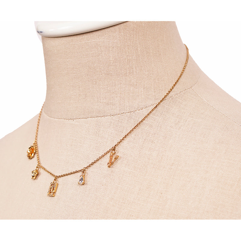 NEW $625 VERSACE Tribute Gold Brass MICRO CHARM Logo MEDUSA, GRECA & V NECKLACE