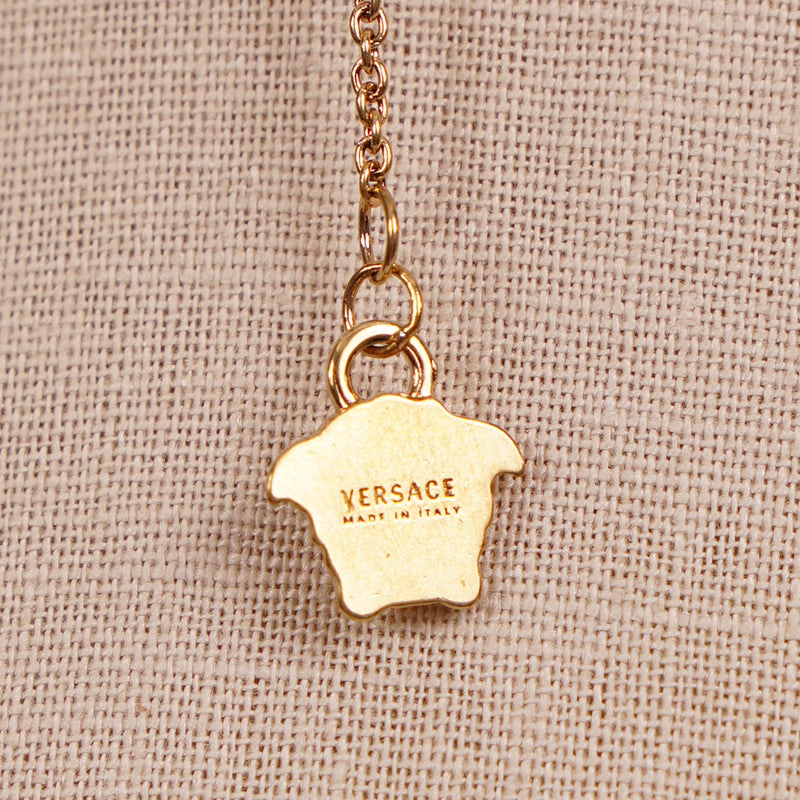 NEW $625 VERSACE Tribute Gold Brass MICRO CHARM Logo MEDUSA, GRECA & V NECKLACE