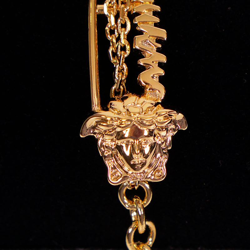 NEW $625 VERSACE TRIBUTE Gold Tone MEDUSA SAFETY PIN Charm Double Link NECKLACE