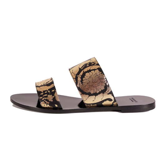 38 NEW $695 VERSACE Black Leather GOLD BAROQUE FLORAL Slide FLATS SANDALS NIB