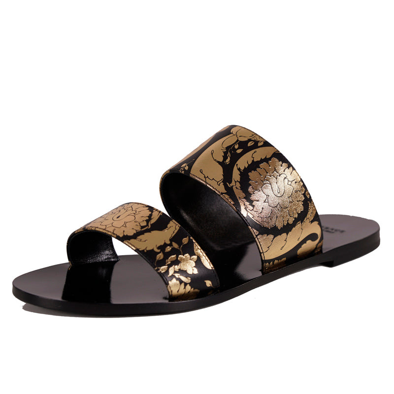 38 NEW $695 VERSACE Black Leather GOLD BAROQUE FLORAL Slide FLATS SANDALS NIB