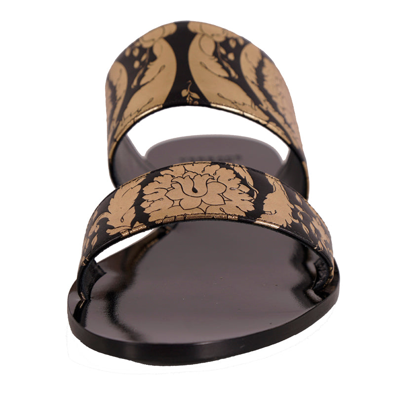38 NEW $695 VERSACE Black Leather GOLD BAROQUE FLORAL Slide FLATS SANDALS NIB