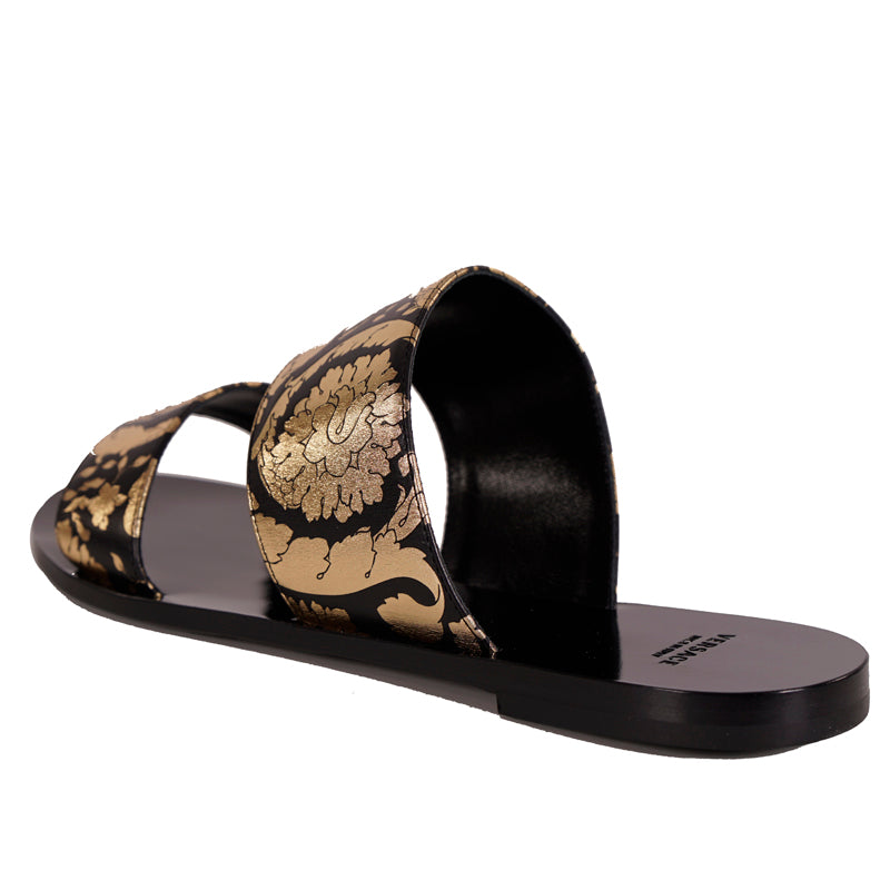 38 NEW $695 VERSACE Black Leather GOLD BAROQUE FLORAL Slide FLATS SANDALS NIB