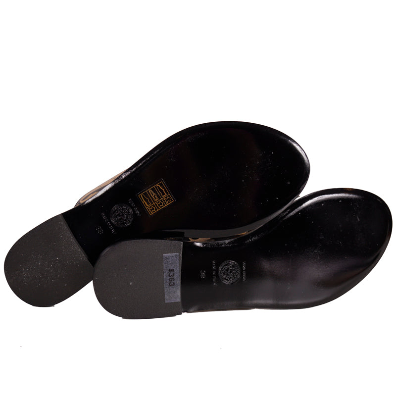 38 NEW $695 VERSACE Black Leather GOLD BAROQUE FLORAL Slide FLATS SANDALS NIB