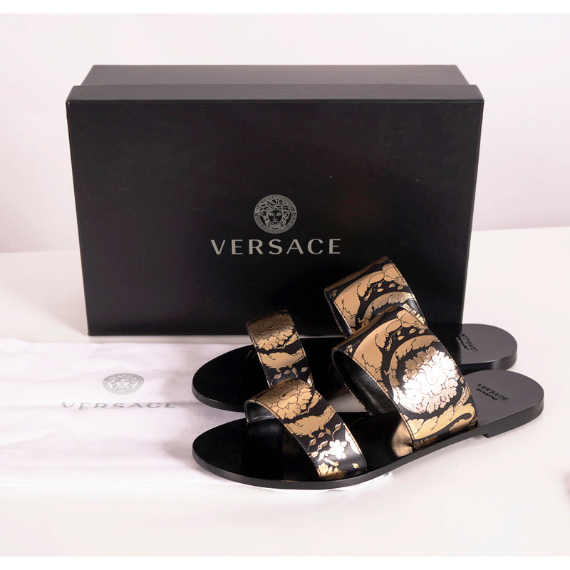 38 NEW $695 VERSACE Black Leather GOLD BAROQUE FLORAL Slide FLATS SANDALS NIB