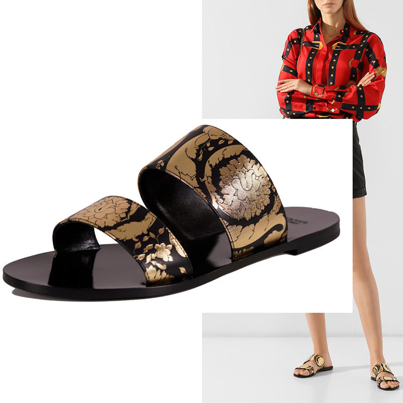 38 NEW $695 VERSACE Black Leather GOLD BAROQUE FLORAL Slide FLATS SANDALS NIB