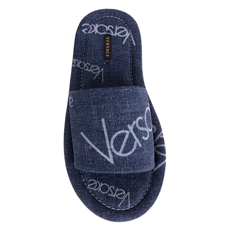 36 NEW $625 VERSACE Denim Cotton White LOGOMANIA Logo SLIDES Flat SANDALS