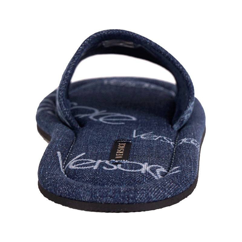 36 NEW $625 VERSACE Denim Cotton White LOGOMANIA Logo SLIDES Flat SANDALS