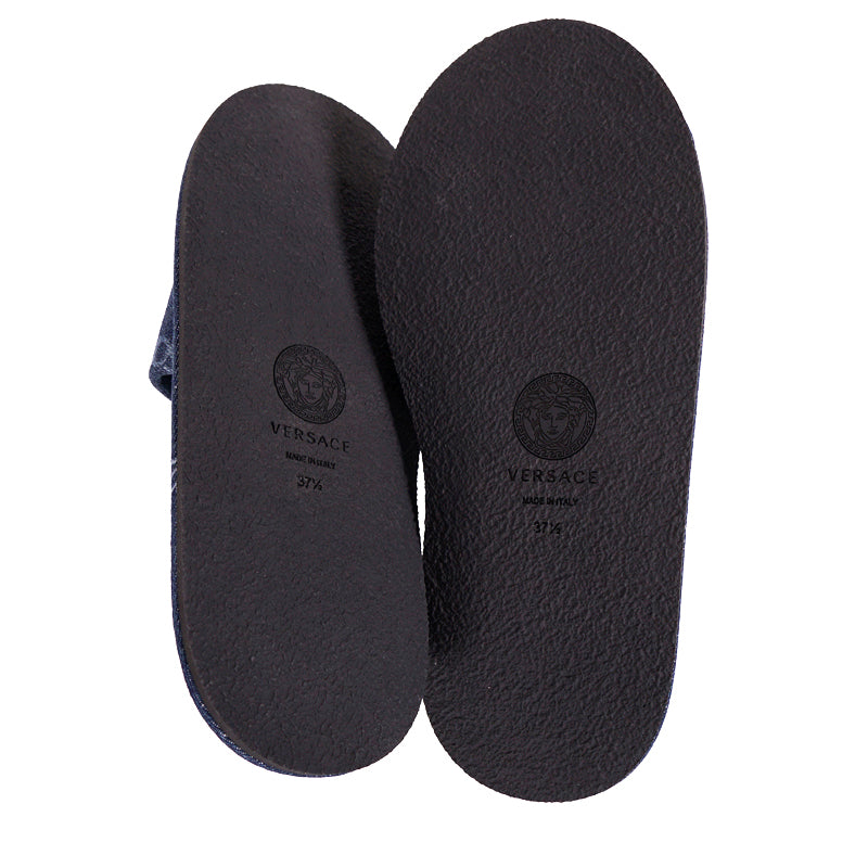36 NEW $625 VERSACE Denim Cotton White LOGOMANIA Logo SLIDES Flat SANDALS