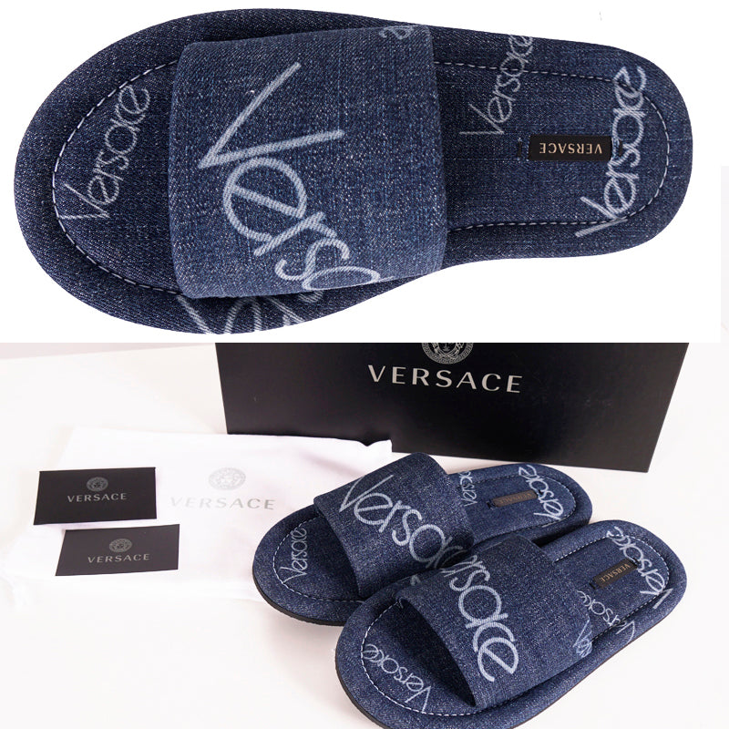 36 NEW $625 VERSACE Denim Cotton White LOGOMANIA Logo SLIDES Flat SANDALS
