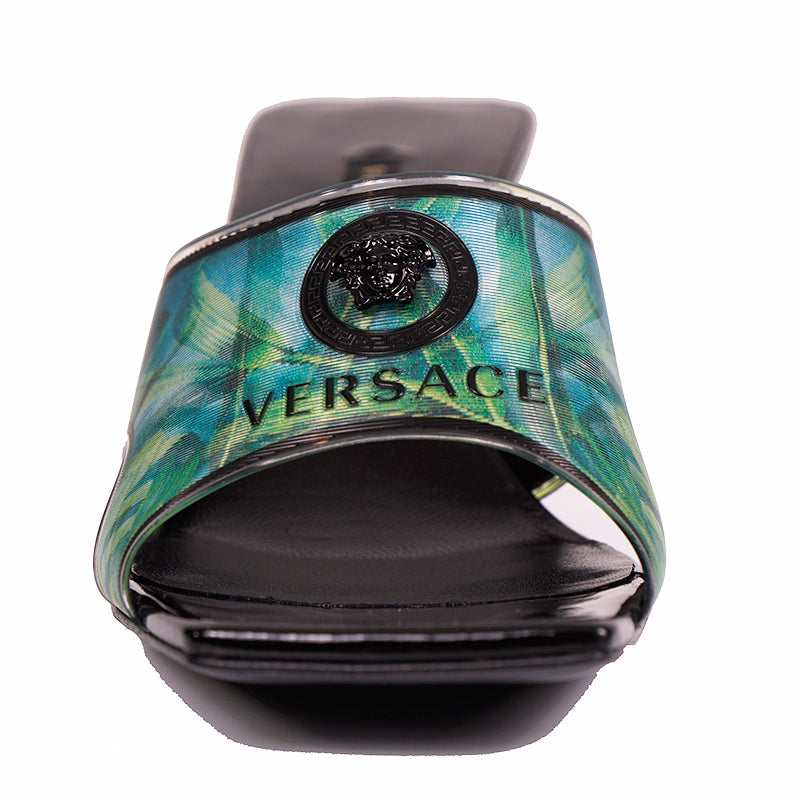 sz 37 NEW $975 VERSACE RUNWAY Green JUNGLE PRINT Medusa Logo SLIDE SANDALS NIB