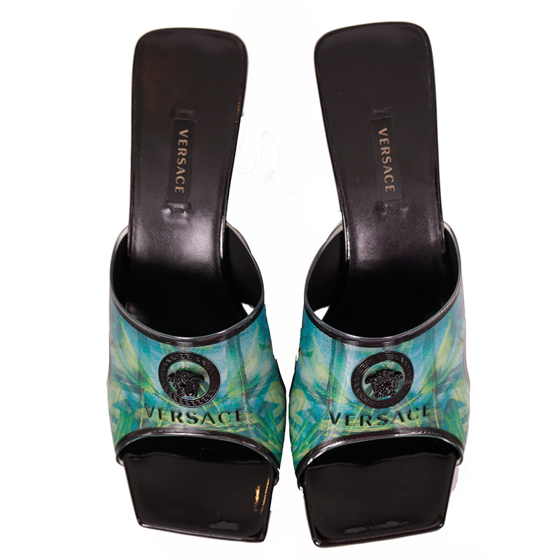 sz 37 NEW $975 VERSACE RUNWAY Green JUNGLE PRINT Medusa Logo SLIDE SANDALS NIB