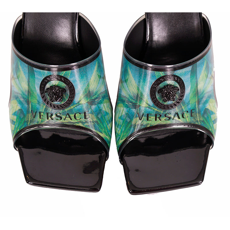 sz 37 NEW $975 VERSACE RUNWAY Green JUNGLE PRINT Medusa Logo SLIDE SANDALS NIB