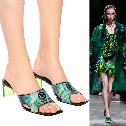 sz 37 NEW $975 VERSACE RUNWAY Green JUNGLE PRINT Medusa Logo SLIDE SANDALS NIB