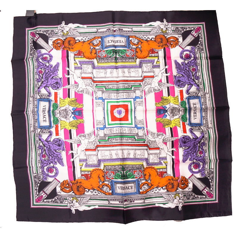 NEW $450 VERSACE White Il Tempio Classic LOGO HORSE PRINT Silk Twill 35" SCARF