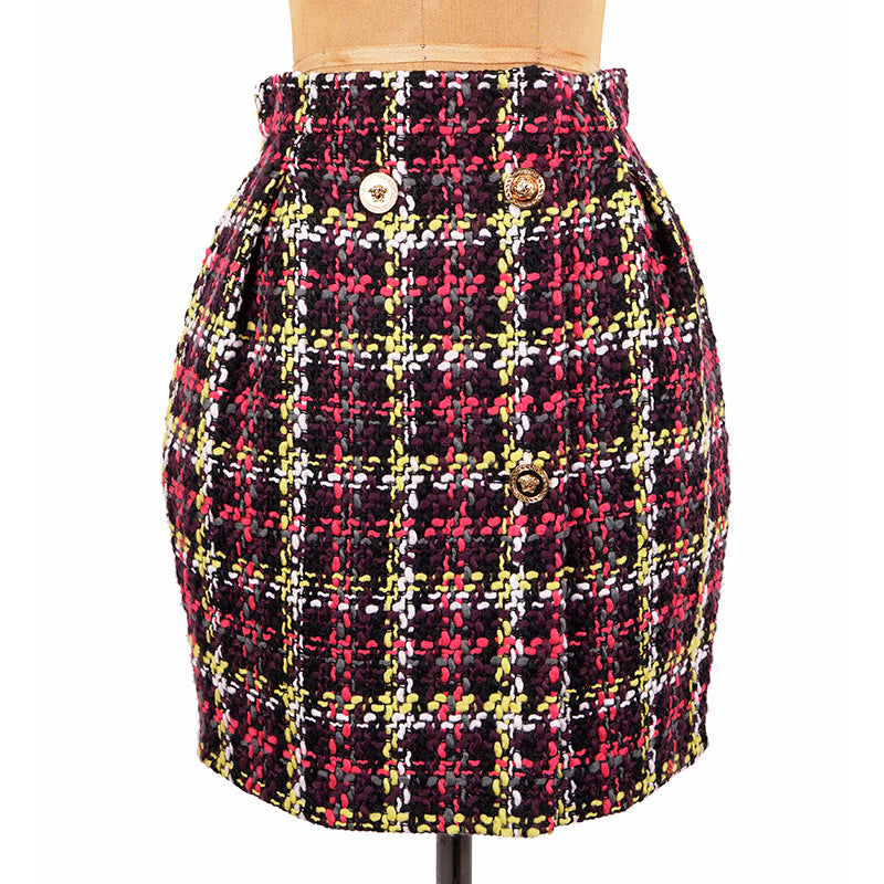 sz 38 NEW $825 VERSACE Red Blue Wool Check RUNWAY TWEED Wrap MEDUSA BUTTON SKIRT
