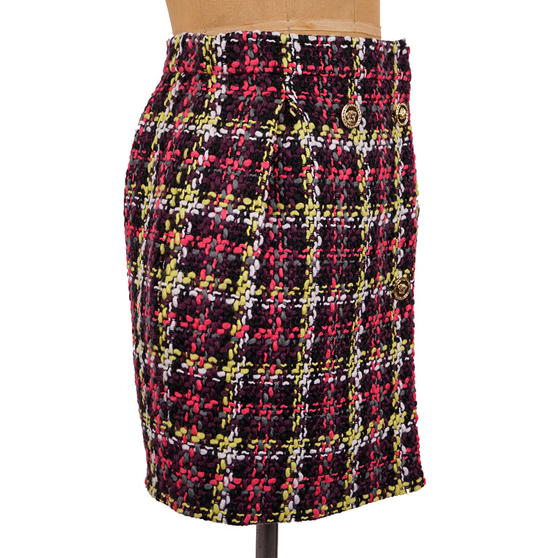 sz 38 NEW $825 VERSACE Red Blue Wool Check RUNWAY TWEED Wrap MEDUSA BUTTON SKIRT