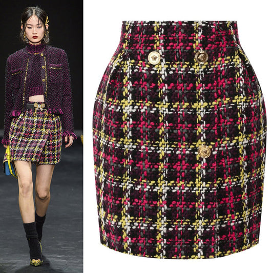 sz 38 NEW $825 VERSACE Red Blue Wool Check RUNWAY TWEED Wrap MEDUSA BUTTON SKIRT