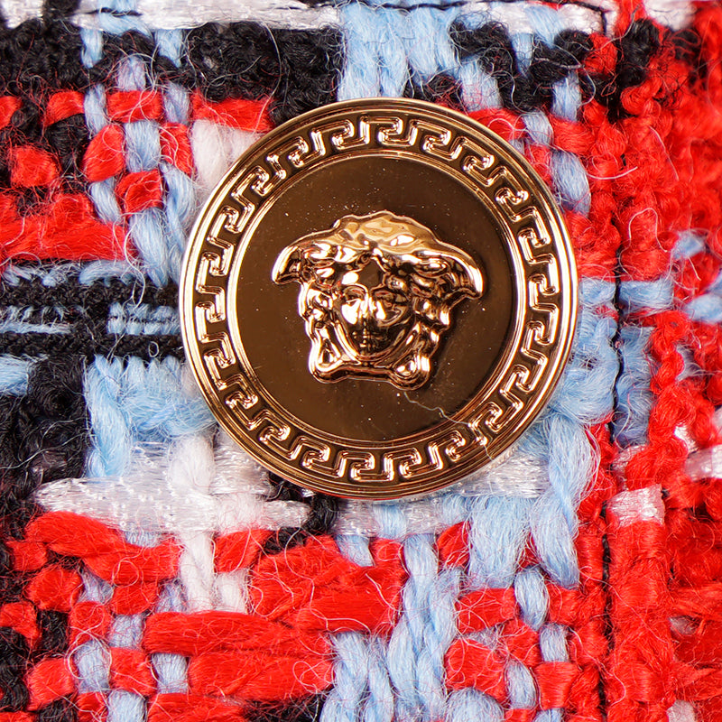 sz 38 NEW $825 VERSACE Red Blue Wool Check RUNWAY TWEED Wrap MEDUSA BUTTON SKIRT