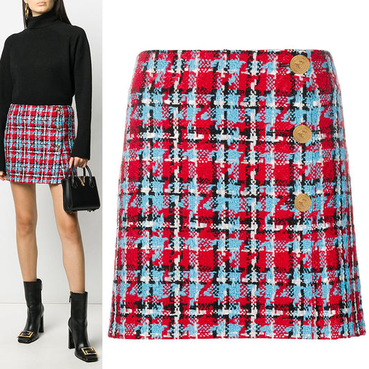 sz 38 NEW $825 VERSACE Red Blue Wool Check RUNWAY TWEED Wrap MEDUSA BUTTON SKIRT