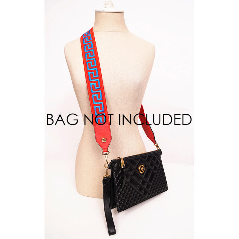 NEW $495 VERSACE Red Nylon Leather LOGO BLUE GRECA Embroidered Medusa BAG STRAP