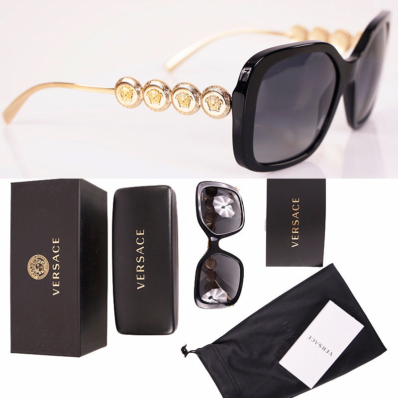 NEW $410 VERSACE Black Plastic GOLD MEDUSA LOGO MEDALLIONS Oversized SUNGLASSES