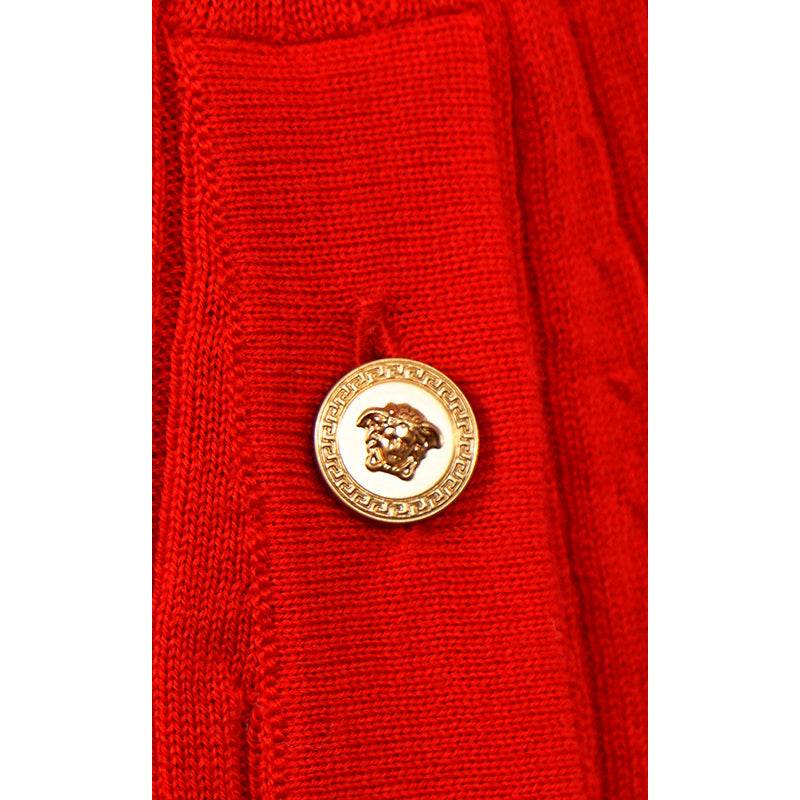 SZ 46 NEW $875 VERSACE Red Wool GOLD LOGO MEDUSA BUTTONS Rib SWEATER KNIT TOP