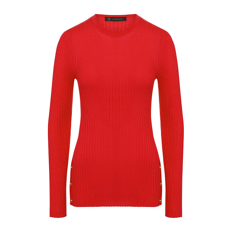 SZ 46 NEW $875 VERSACE Red Wool GOLD LOGO MEDUSA BUTTONS Rib SWEATER KNIT TOP
