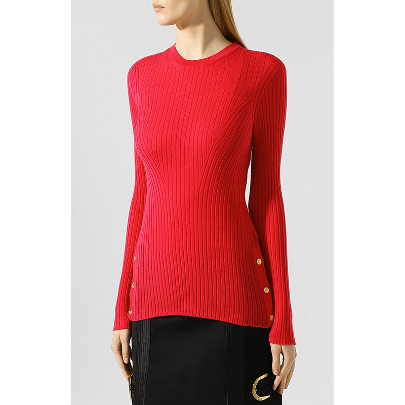 SZ 46 NEW $875 VERSACE Red Wool GOLD LOGO MEDUSA BUTTONS Rib SWEATER KNIT TOP
