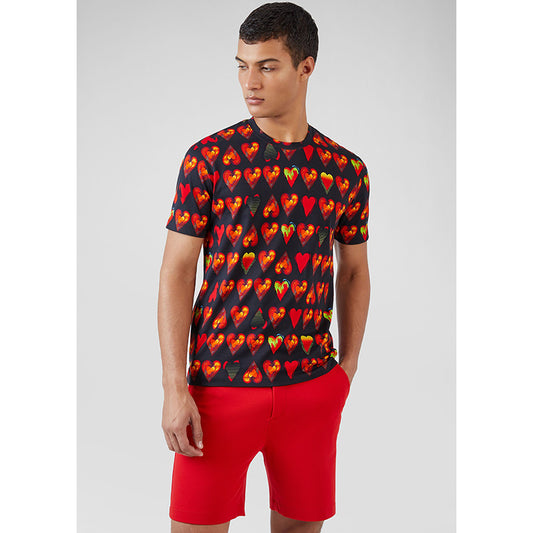 sz S NEW $650 VERSACE Mens Black 100% Cotton Red Heart RUNWAY Print Crew Neck T-SHIRT
