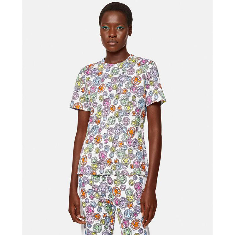 sz 38 NEW $690 VERSACE Woman's White AMPLIFIED MEDUSA LOGO PRINT T-Shirt Tee TOP