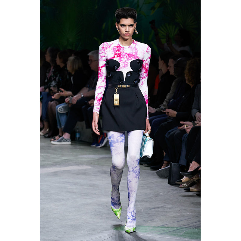 sz 42 NEW $675 VERSACE RUNWAY Pink TIE DYE Signature LOGO Jersey Soft KNIT TOP