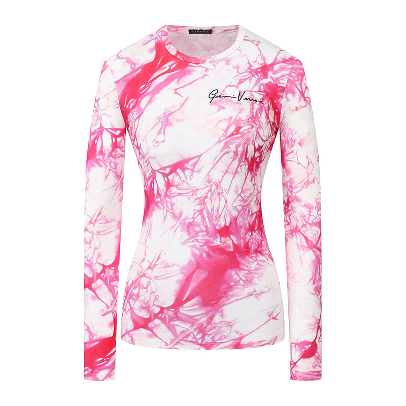 sz 42 NEW $675 VERSACE RUNWAY Pink TIE DYE Signature LOGO Jersey Soft KNIT TOP
