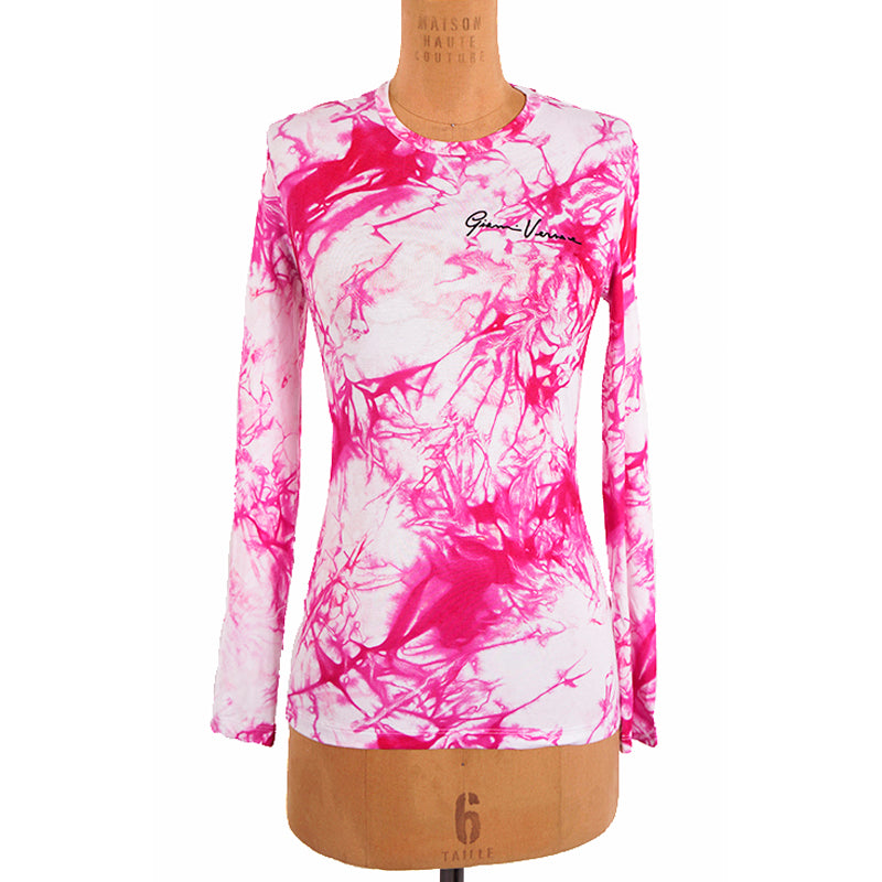 sz 42 NEW $675 VERSACE RUNWAY Pink TIE DYE Signature LOGO Jersey Soft KNIT TOP