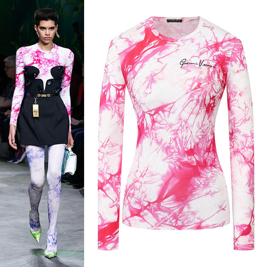 sz 42 NEW $675 VERSACE RUNWAY Pink TIE DYE Signature LOGO Jersey Soft KNIT TOP