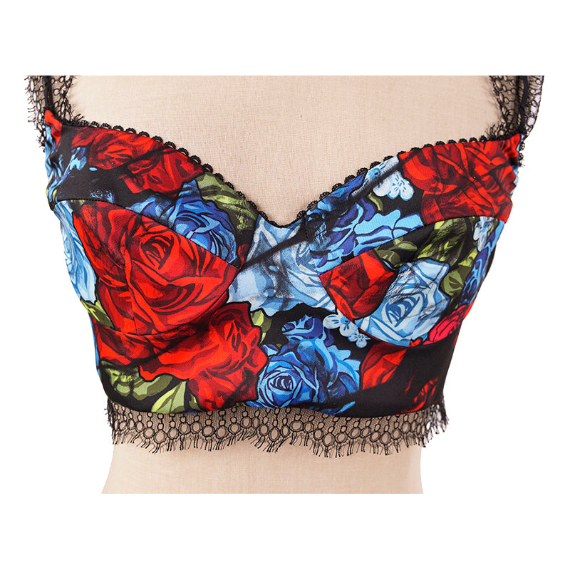 38 NEW $750 VERSACE Blue Floral Roses Silk RUNWAY PRINT Lace BRALETTE CORSET TOP
