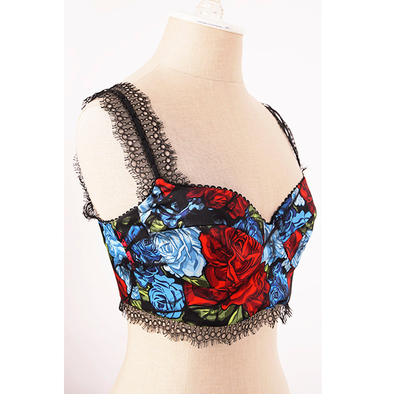 38 NEW $750 VERSACE Blue Floral Roses Silk RUNWAY PRINT Lace BRALETTE CORSET TOP