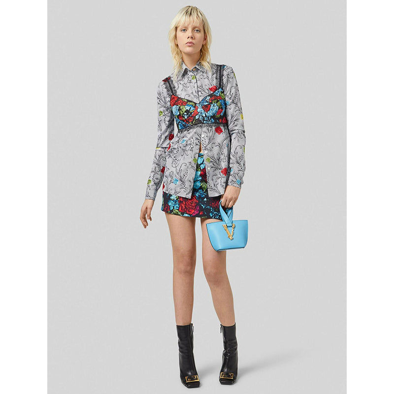 38 NEW $750 VERSACE Blue Floral Roses Silk RUNWAY PRINT Lace BRALETTE CORSET TOP