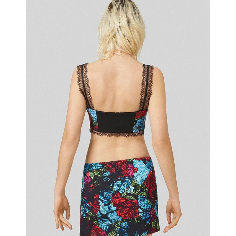 38 NEW $750 VERSACE Blue Floral Roses Silk RUNWAY PRINT Lace BRALETTE CORSET TOP