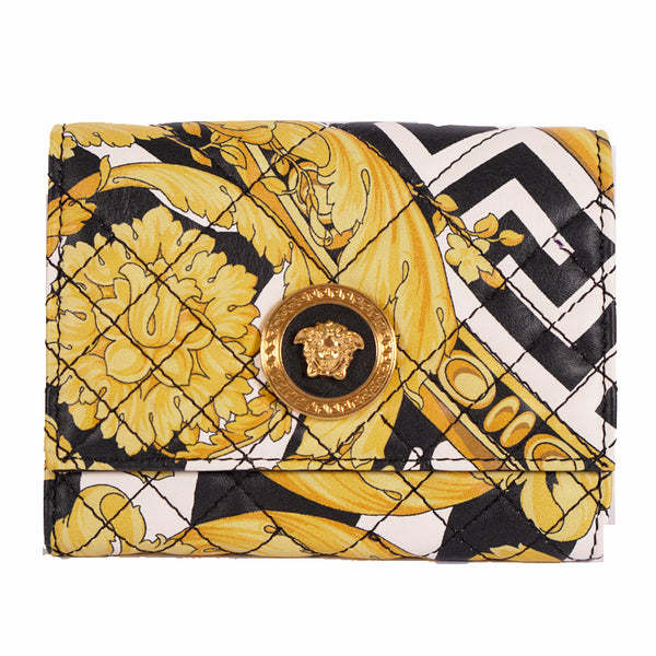 NEW $675 VERSACE Tribute Yellow SAVAGE BAROCCO Quilted Leather FRENCH WALLET NIB